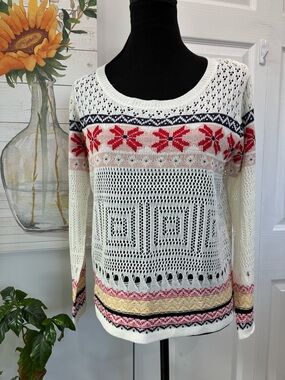 Ivory Open-Knit Crewneck Sweater with Red Fair Isle Accents